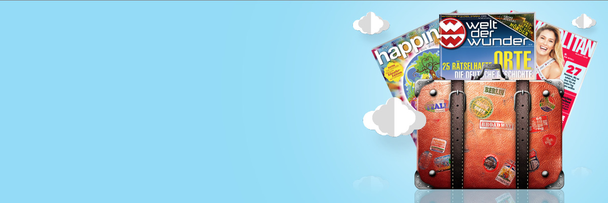 Koffer aus dem die Zeitschriften Happinez, Welt der Wunder und Cosmopolitan herausgucken. Der Hintergrund ist blau Koffer aus dem die Zeitschriften Happinez, Welt der Wunder und Cosmopolitan herausgucken. Der Hintergrund ist blau