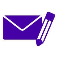Lila Symbol eines Umschlags mit einem Stift, steht fuer den Kontaktservice