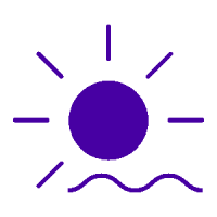 Stilisiertes Symbol einer Sonne mit Strahlen und einer Welle darunter. Das Symbolbild fuer den Urlaubsservice