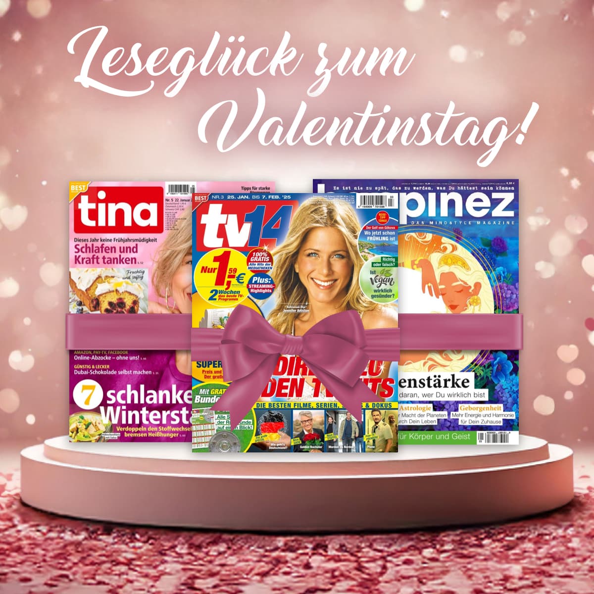 Zeitschriftenaktion zum Valentinstag: 7 Monate verschenken, nur 6 zahlen – mit Blumen-Deko.
